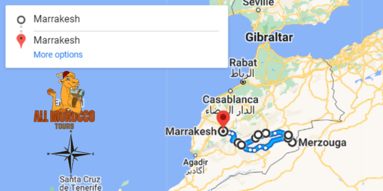 Map for 4-day tour from Marrakesh to Merzouga