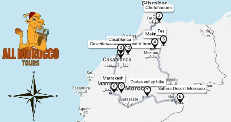 Map highlighting 10 days tour itinerary from Casablanca