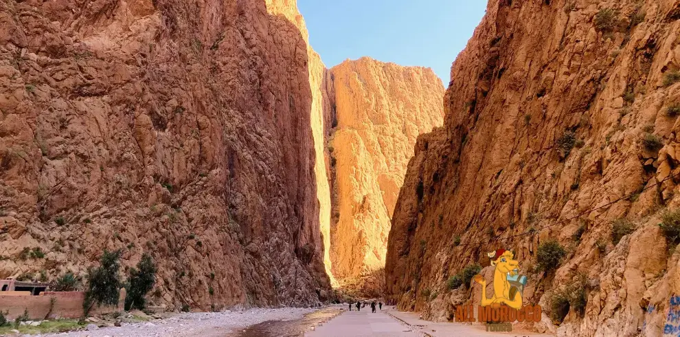 Towering cliffs of the Todra Gorge basking in the golden light of sunset marking a scenic route on the 3 Days Fes to Marrakech Desert tour.