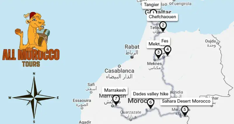 Map highlighting 6 days tour itinerary from Tangier to Marrakech