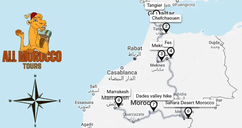 Map highlighting 7-day tour itinerary from Tangier to Marrakech