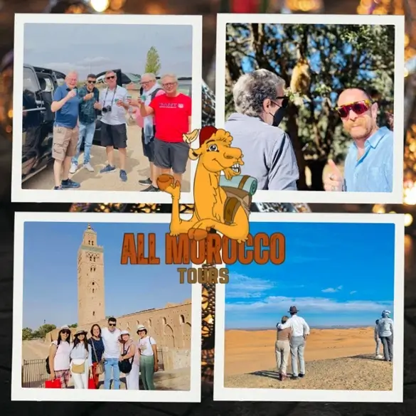 Collage of tourists enjoying various Morocco tours featuring a group posing with a vehicle a close-up of two men in conversation a historic tower landmark a group shot with local architecture and a couple gazing into the desert with All Morocco Tours and a cartoon camel logo