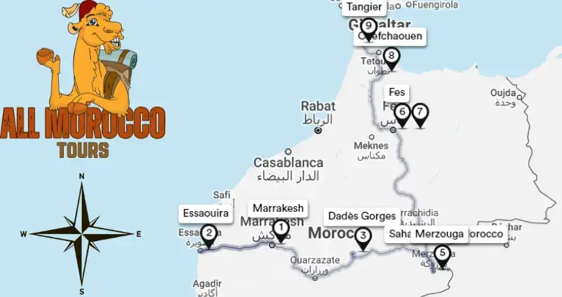 Map highlighting 10 days tour itinerary from Marrakech to Tangier