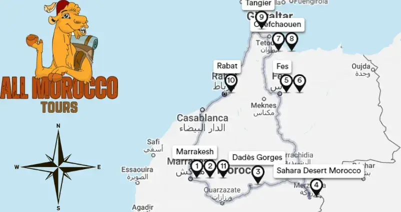 Map highlighting 12 days tour itinerary from Marrakech