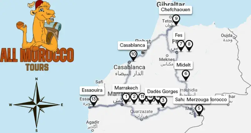 Map highlighting 13 days tour itinerary from Marrakech