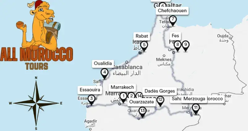 Map highlighting 14 days tour itinerary from Marrakech