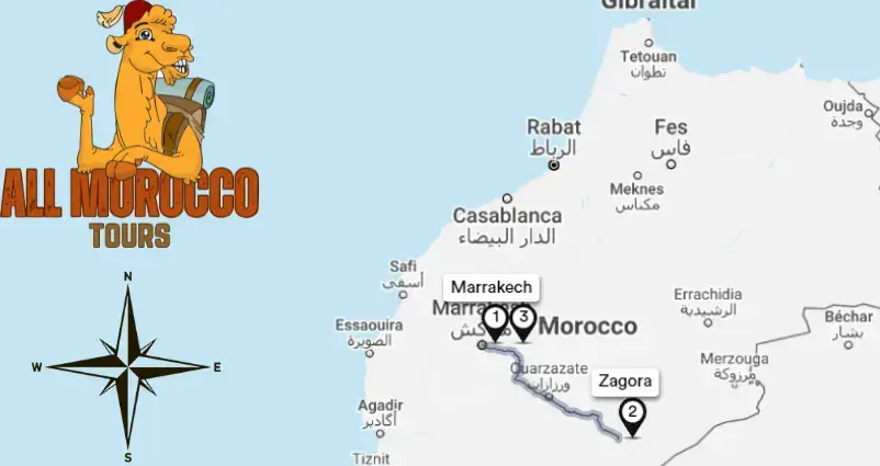 Map highlighting 2 days tour itinerary from Marrakesh to Zagora