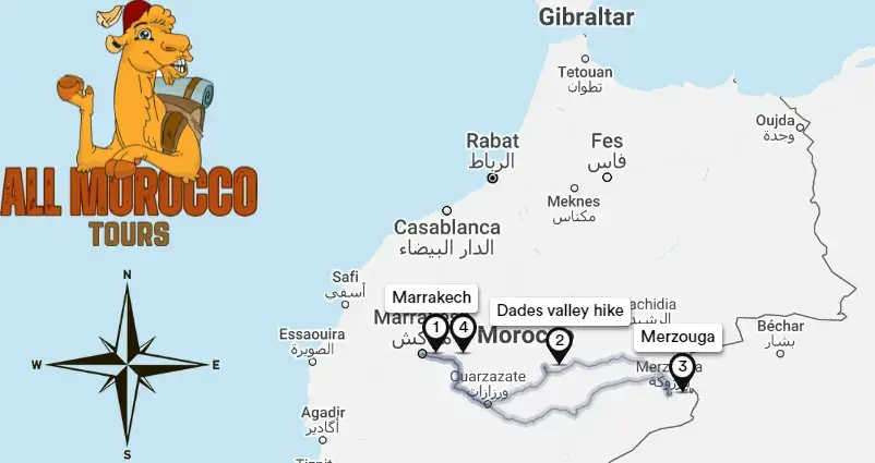 Map highlighting 3 days tour itinerary from Marrakesh