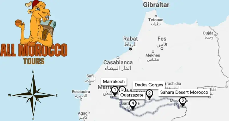 Map highlighting 4 days tour itinerary from Marrakesh