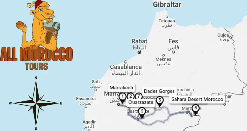 Map highlighting 5 days tour itinerary from Marrakesh