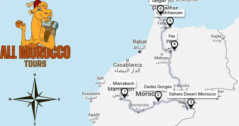 Map highlighting 5 days tour itinerary from Marrakesh to tangier