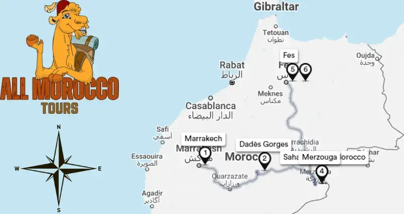 Map highlighting 6 days tour itinerary from Marrakech to Fes