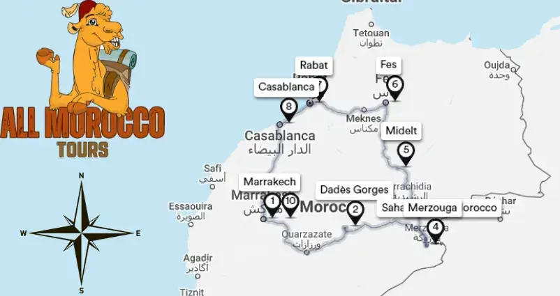 Map highlighting 8 days tour itinerary from Marrakech