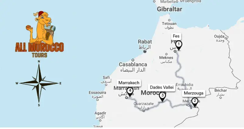 Map highlighting 3 day Desert tour itinerary from Fes to Marrakech