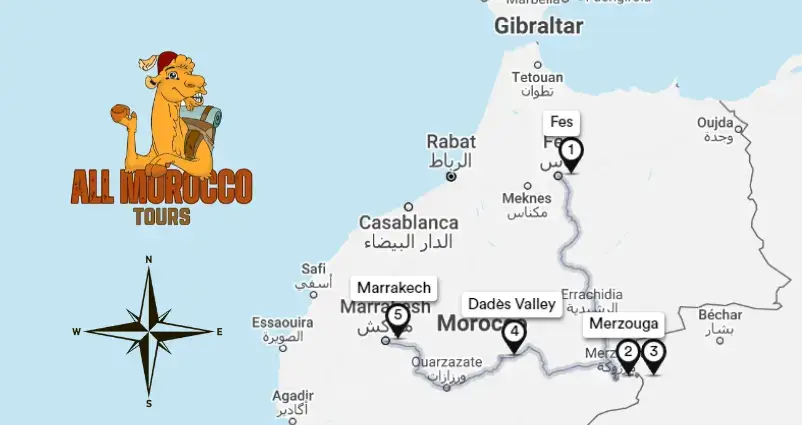 map highlighting 4 days tour itinerary from Fes to Marrakech