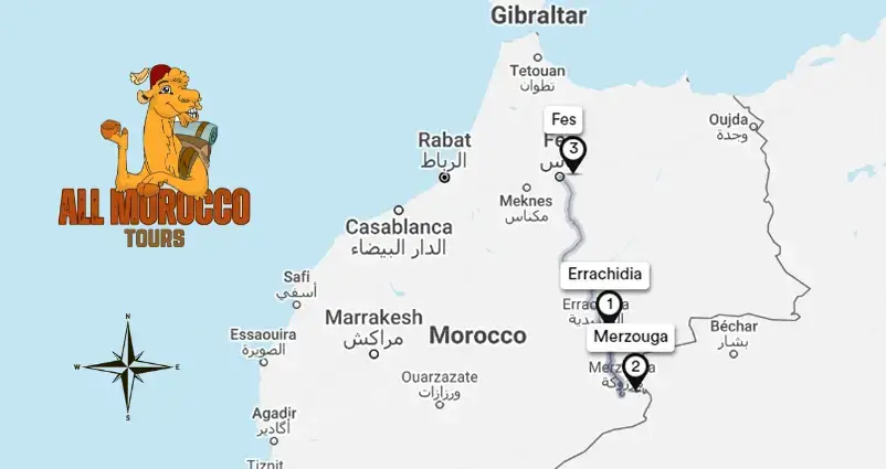 map highlighting a 3 days tour itinerary from Errachidia to Fes
