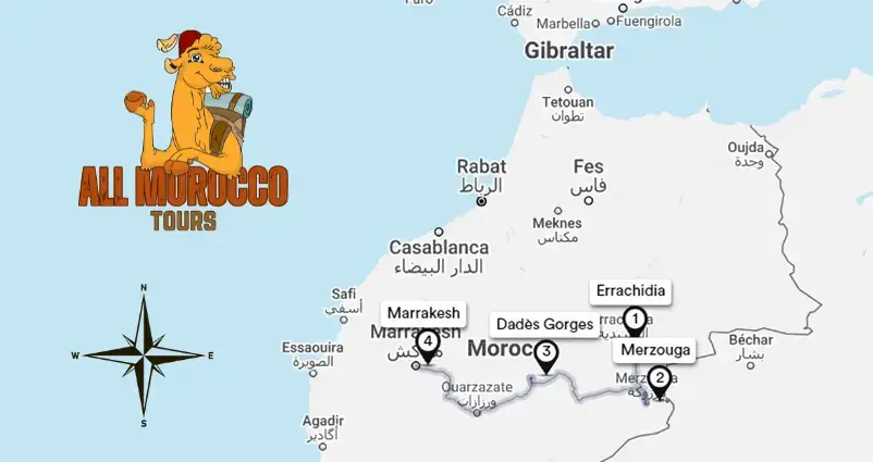 Simplified tourist map highlighting a 4 days tour itinerary from Errachidia to Marrakech across Morocco marked with numbered stops a cartoon camel with a backpack is featured next to the phrase All Morocco Tours with a compass rose indicating direction
