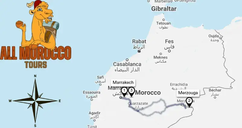 Map highlighting 2 Days Tour From Marrakech To Desert