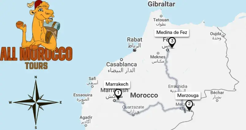 Map of the 2 days tour from Marrakech to Dades Canyon, Sahara Desert ending in fez