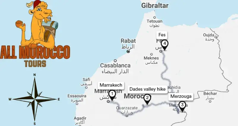 Map of the 3 days tour from Marrakech to Dades Canyon, Sahara Desert and Fes