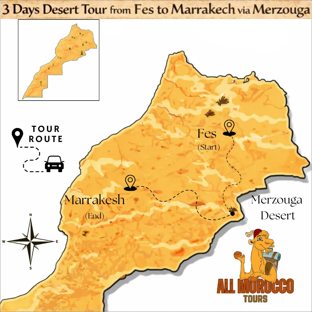 3 Days Desert Tour Route Map from Fes to Marrakech