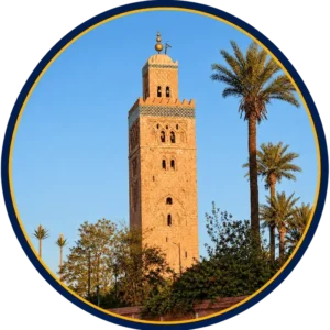 Koutoubia Mosque minaret with palm trees in Marrakech, Morocco