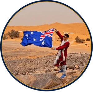 the Australian flag in the Erg Chebbi dunes near Merzouga, Morocco