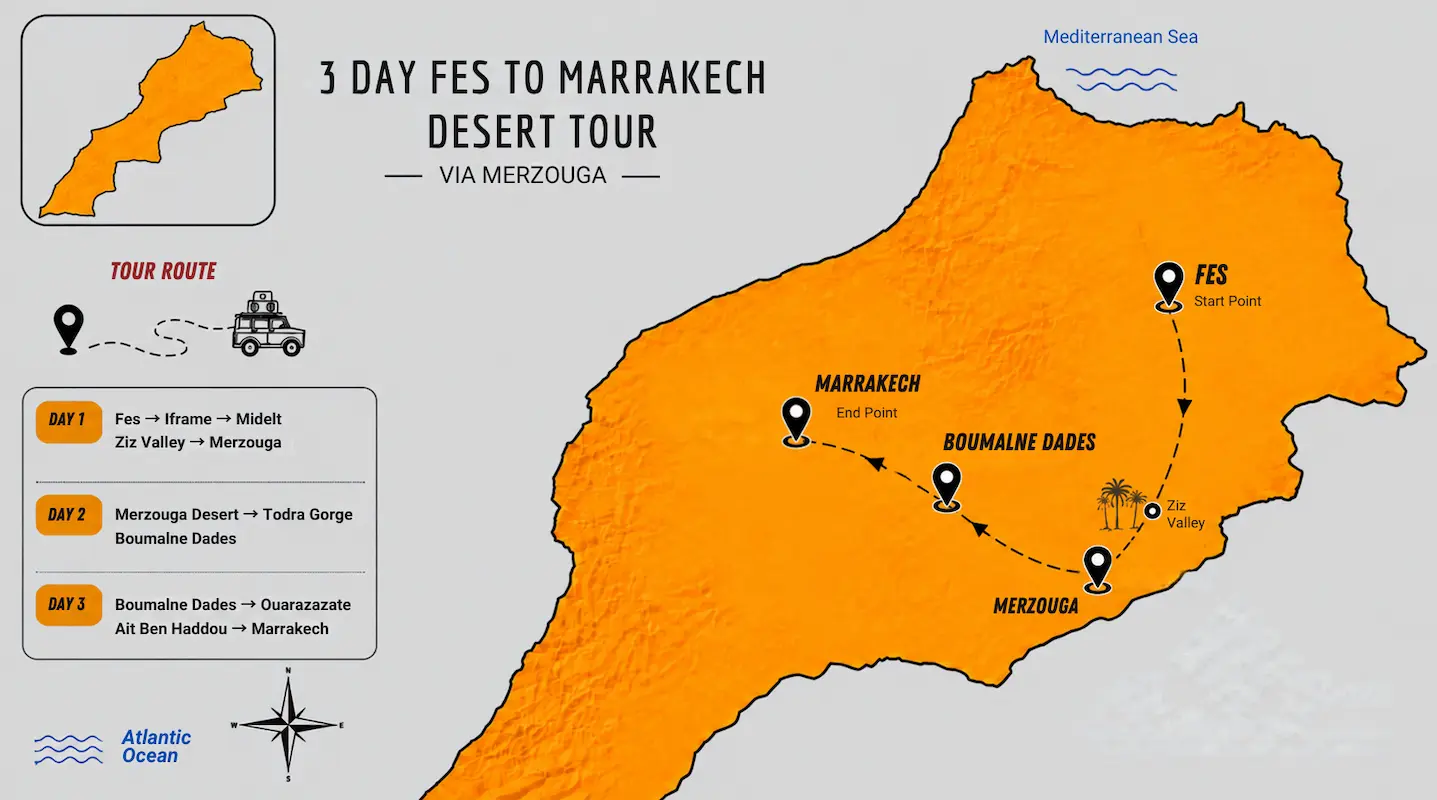 Route map of the 3-day Fes to Marrakech desert tour via Merzouga, Rissani, Todra Gorge, Dades Valley and Aït Ben Haddou