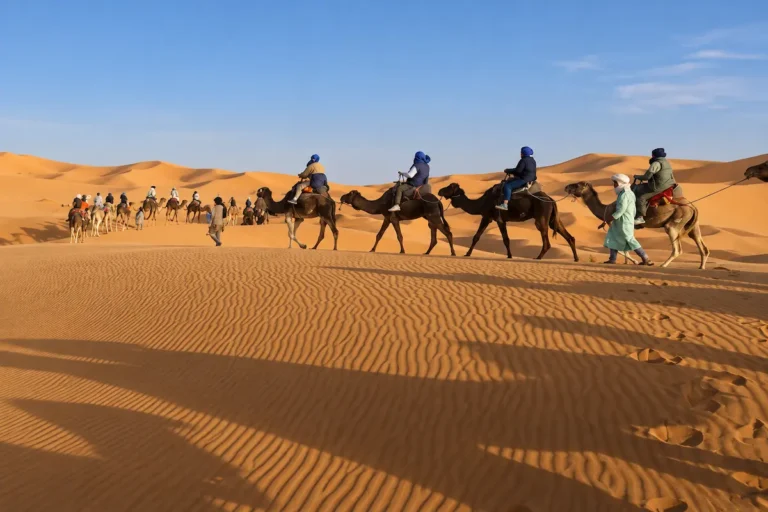 Camel caravan in the Erg Chebbi dunes on a 3-day Marrakech to Fes desert tour via Merzouga