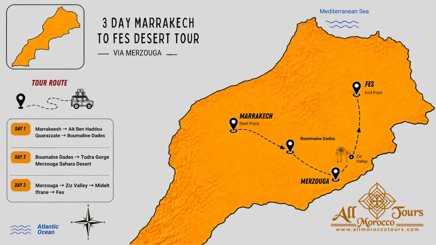 Route map of the 3-day Marrakech to Fes desert tour via Aït Ben Haddou, Boumalne Dades, Todra Gorge and Merzouga