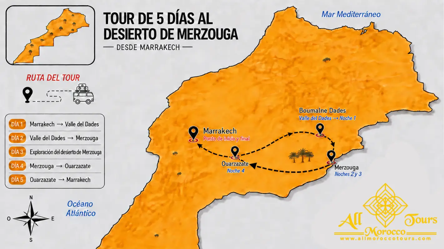 Mapa del tour de 5 días desde Marrakech al desierto de Merzouga y regreso, pasando por el valle del Dades, el valle del Draa y Ait Ben Haddou.