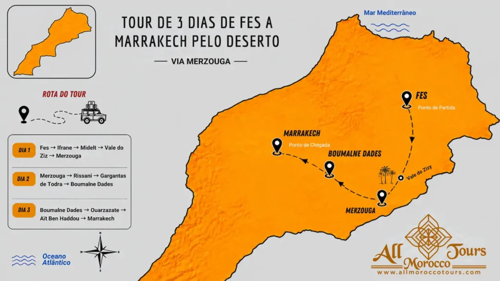 Mapa da rota do tour de 3 dias de Fes a Marrakech pelo deserto via Merzouga