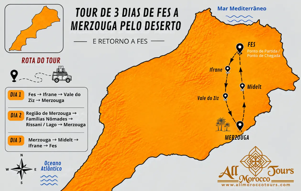 Mapa da rota do tour de 3 dias de Fes a Merzouga e retorno a Fes pelo deserto do Saara