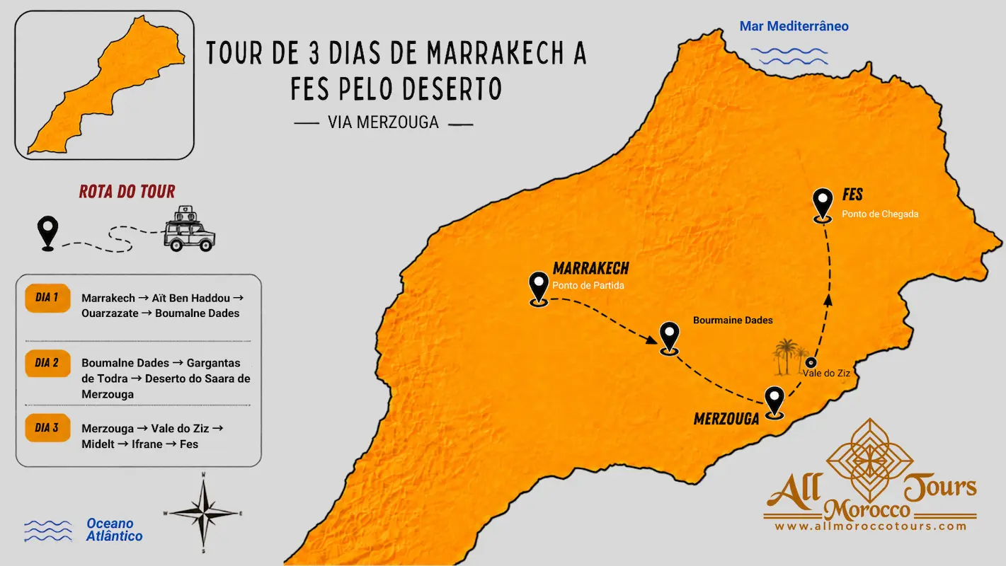 Mapa da rota do tour de 3 dias de Marrakech a Fes via Merzouga pelo deserto do Saara