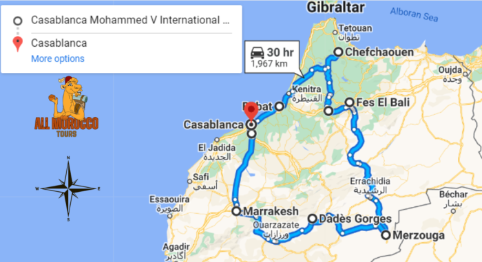 Map for 10-day tour from Casablanca